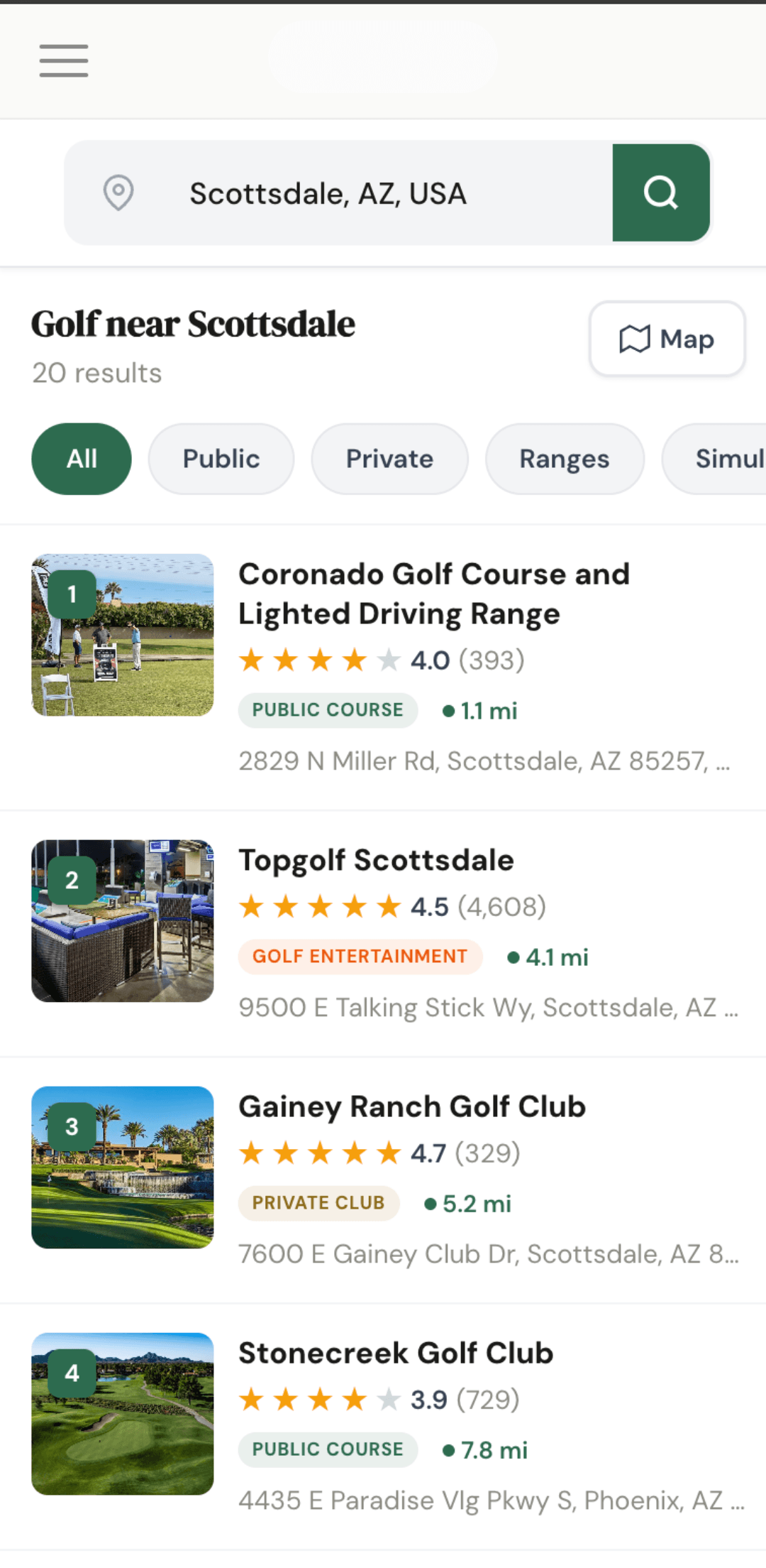 FirstOff golf venue finder on mobile — search golf courses, driving ranges, and simulators near you